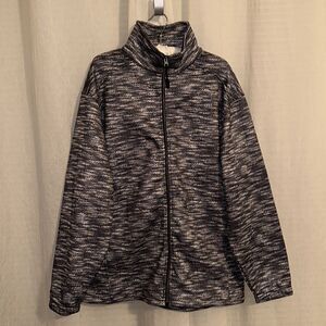 AKWA L White Indigo Pebbled Print Full Zip Fleece Mock Neck Athletic Jacket